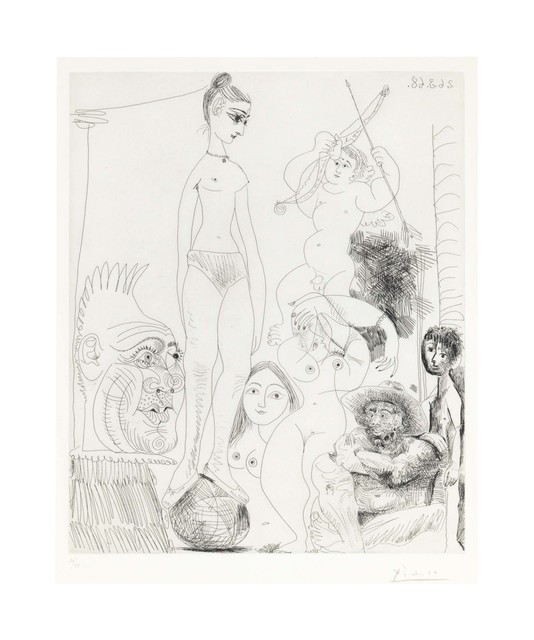 Pablo Picasso, ‘Autoportrait transposé et déboublé rêvant au cirque, avec Jacqueline en acrobate à la boule, from La Série 347’, 1968, Christie's