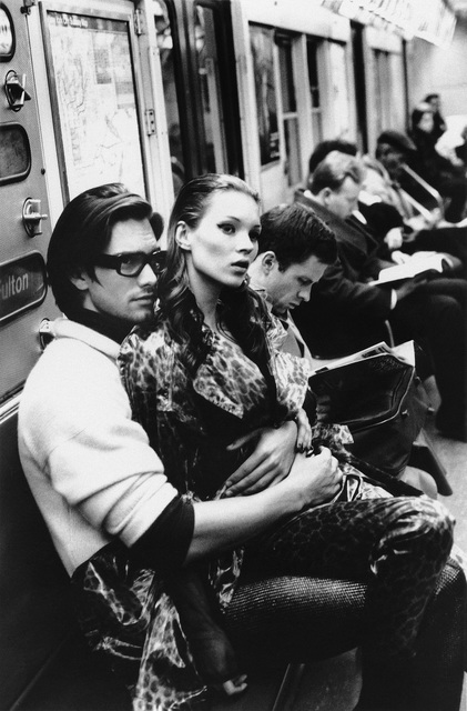 Stephanie Pfriender Stylander, ‘Kate Moss and Marcus Schenkenberg on the C train, Harper's Bazaar Uomo, New York’, 1992, Photography, Gelatin Silver Print, Staley-Wise Gallery