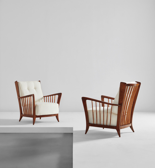 Paolo Buffa, ‘Pair of armchairs’, early 1950s, Design/Decorative Art, Walnut, fabric upholstery., Phillips