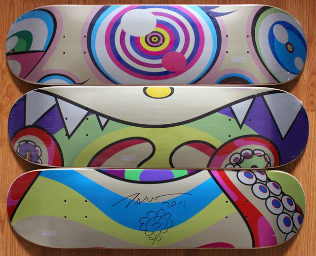 Takashi Murakami, ‘Original Flower Drawing on skateboard set of 3’, 2017, Drawing, Collage or other Work on Paper, Marker on skateboard, EHC Fine Art Gallery Auction