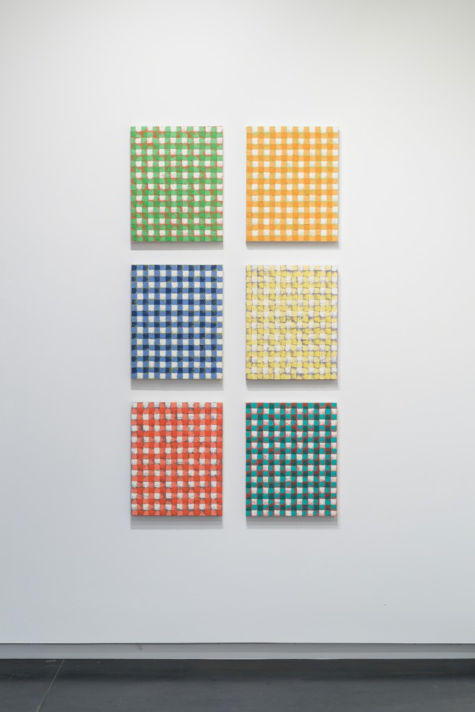 Gingham oil paintings by Michelle Grabner. Photo by Mario Gallucci. Gingham oil paintings by Michelle Grabner. Photo by Mario Gallucci.
