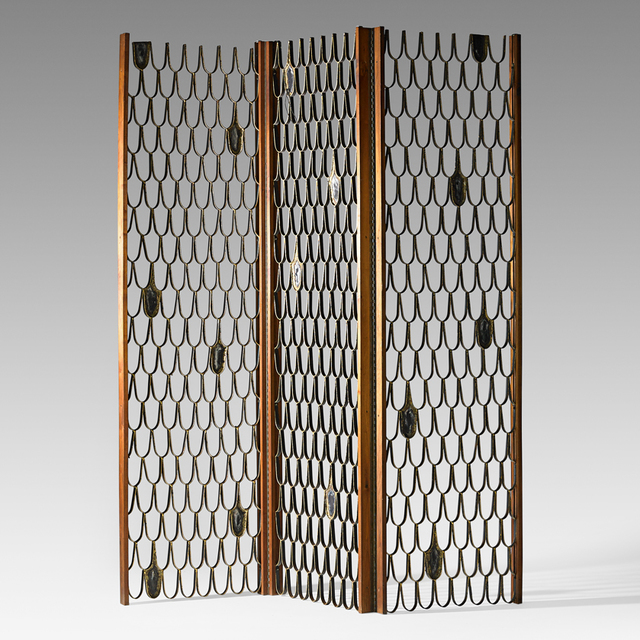 Paul Evans (1931-1987), ‘Fine tri-panel screen/room divider, New Hope, PA’, ca. 1959, Design/Decorative Art, Welded, enameled, and gilt iron, bronze, walnut, Rago/Wright