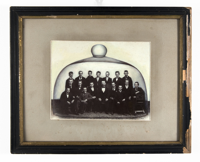 Jana Paleckova, ‘untitled (well dressed group under glass)’, 2018, Painting, Oil paint on vintage photograph, FRED.GIAMPIETRO Gallery