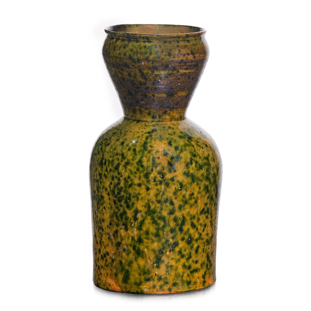 George Ohr Large Corseted Vase Green Ochre And Gunmetal