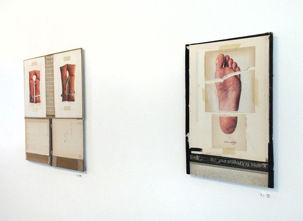 "Life Jackets" and "Sole" by Dan McClain, luminous watercolor and prismacolor imagery on disassembled books "Life Jackets" and "Sole" by Dan McClain, luminous watercolor and prismacolor imagery on disassembled books