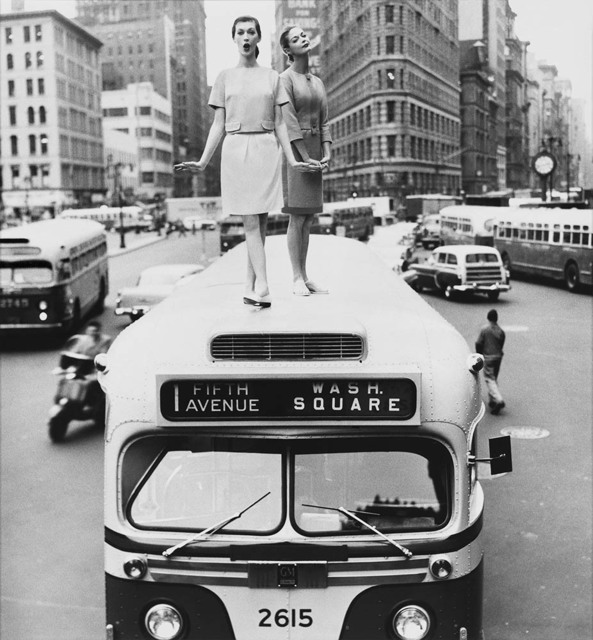 William Helburn, ‘Bus Stop: Dovima and Jean Patchett, Madison Square, Harper's Bazaar’, 1958, Photography, Gelatin Silver Print, Staley-Wise Gallery