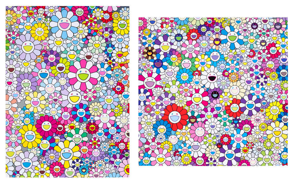 Takashi Murakami - Champagne Supernova: Multicolor + Pink and White Stripes; and The Nether World