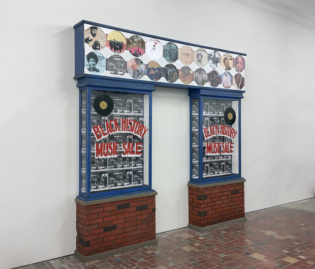 Jamal Cyrus, ‘Pride Frieze--Jerry White's Record Shop, Central Avenue, Los Angeles’, 2005-2017, Sculpture, Record sleeves, vinyl records, digital prints, ink, watercolor, tape, masonite, gesso, acrylic paint, plywood, wax, Plexiglas, reclaimed salvaged wood, Inman Gallery