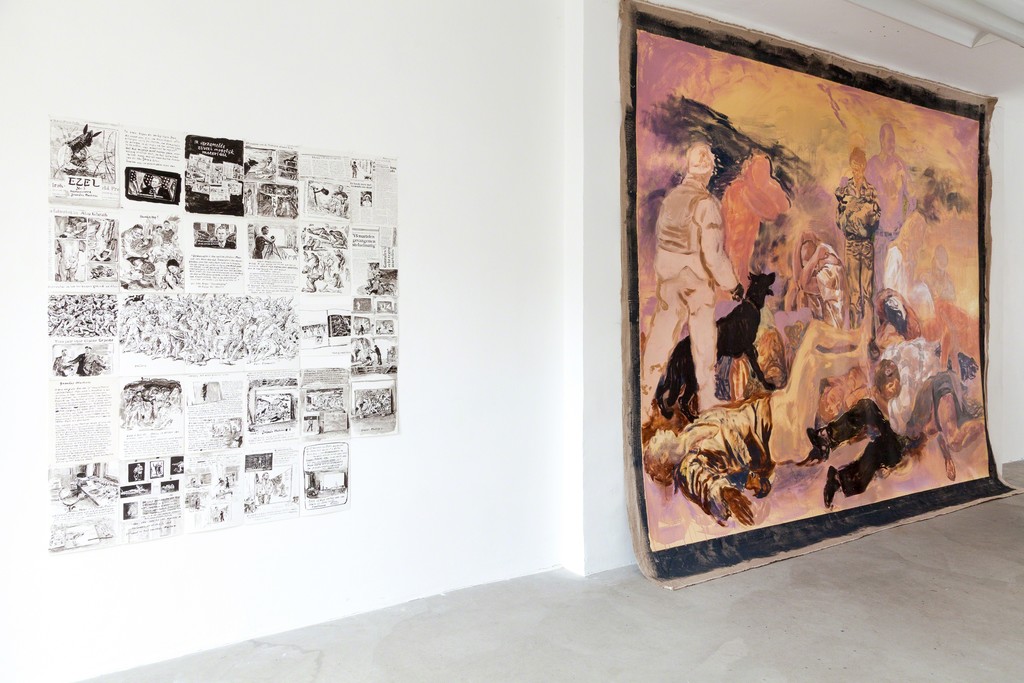 exhibition view (from left to right): original drawings „Ezel #3″ and Grande machine #2“, 2003, Stijn Peeters | oil- and acrylic on canvas, 300 x 325 cm | image: ©dasesszimmer exhibition view (from left to right): original drawings „Ezel #3″ and Grande machine #2“, 2003, Stijn Peeters | oil- and acrylic on canvas, 300 x 325 cm | image: ©dasesszimmer