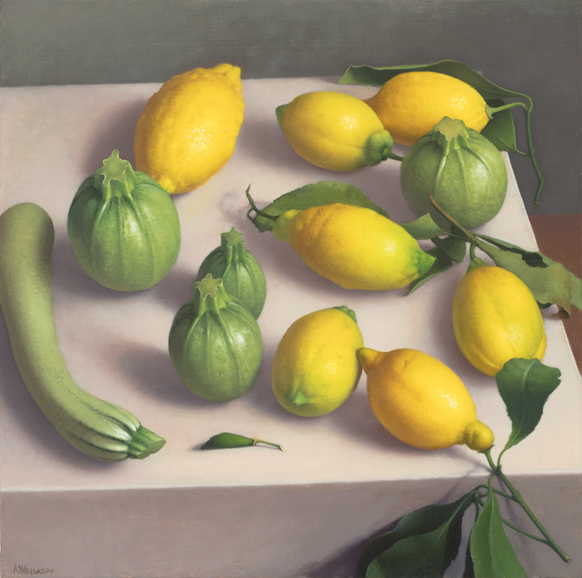 Amy Weiskopf, ‘Zucchini and Lemons’, 2019, Painting, Oil on linen, Clark Gallery