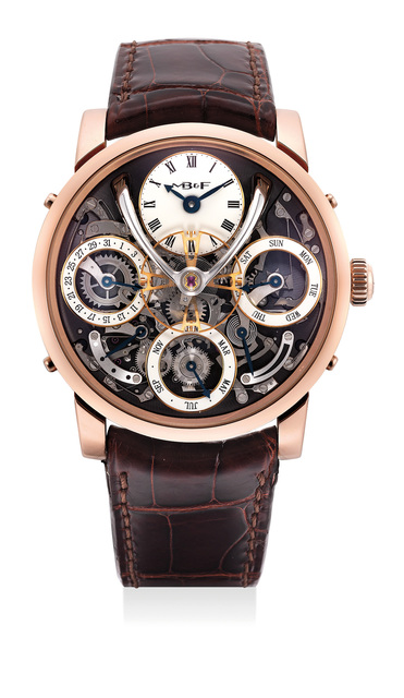 MB & F, ‘An exceptional and very rare limited edition pink gold semi-skeleontized perpetual calendar wristwatch with white enamel subsidiary dials, flying balance wheel, power reserve and leap year indication, warranty and box, numbered 25 of a limited edition of 25 pieces’, 2016, Phillips