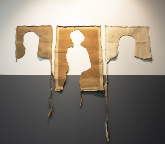 Jose Luis Landet, ‘Retrato Reverso/Reverse Portait’, 2019, Installation, Oil on canvas fragments (1940 -1970), newsprint, spray paint, charcoal, and glue on canvas, LaCa Projects