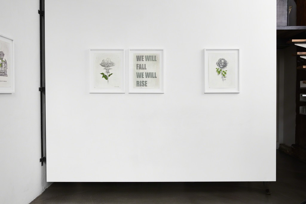 Ludo, 'The Ten Commitments' installation view at The Garage, Amsterdam. From left on back wall, 'Fall Rise Part I' & 'Fall Rise Part II' diptych, 'Pray the Lord', 'Wish You Were Here' and 'In Greed We Trust'. Ludo, 'The Ten Commitments' installation view at The Garage, Amsterdam. From left on back wall, 'Fall Rise Part I' & 'Fall Rise Part II' diptych, 'Pray the Lord', 'Wish You Were Here' and 'In Greed We Trust'.