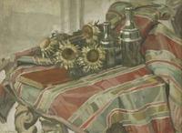 Still life of sunflowers and bottles on a striped cloth