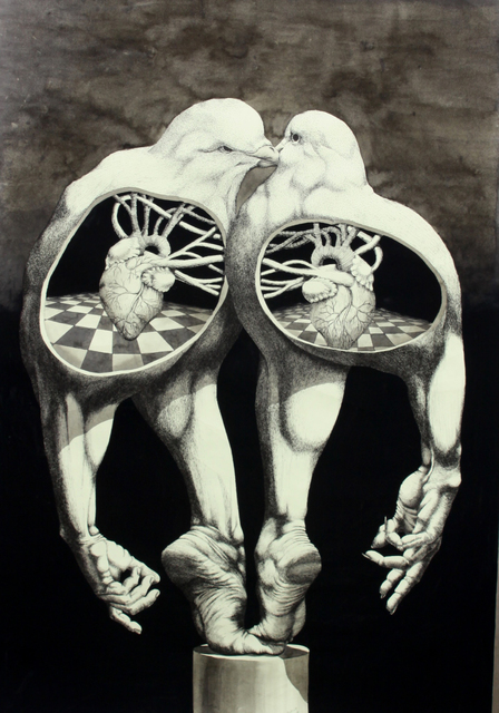 Yasser Rostom, ‘Give Your Hearts’, 2018, Drawing, Collage or other Work on Paper, Ink on paper, Janet Rady Fine Art