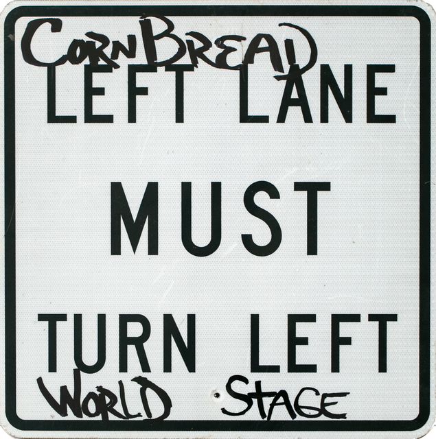 Cornbread, ‘Must Turn Left World Stage’, 2019, Painting, Acrylic on found street sign, Paradigm Gallery + Studio