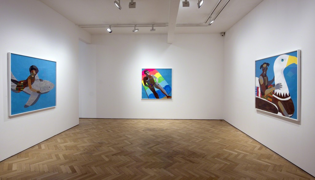 Derrick Adams, Floater No. 12 (shark), 2016, Floater No.16 (rainbow popsicle), 2016 and Floater No. 26 (eagle), 2016 Derrick Adams, Floater No. 12 (shark), 2016, Floater No.16 (rainbow popsicle), 2016 and Floater No. 26 (eagle), 2016