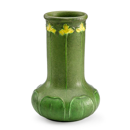 Grueby, Fine And Tall Vase With Yellow Irises, Boston, MA