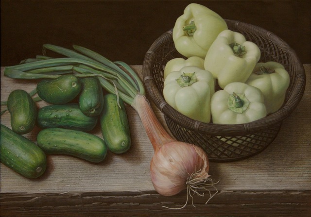Doug Safranek, ‘White Peppers, Gherkins, and a Shallot’, 2015, Painting, Egg tempera on panel, Garvey | Simon