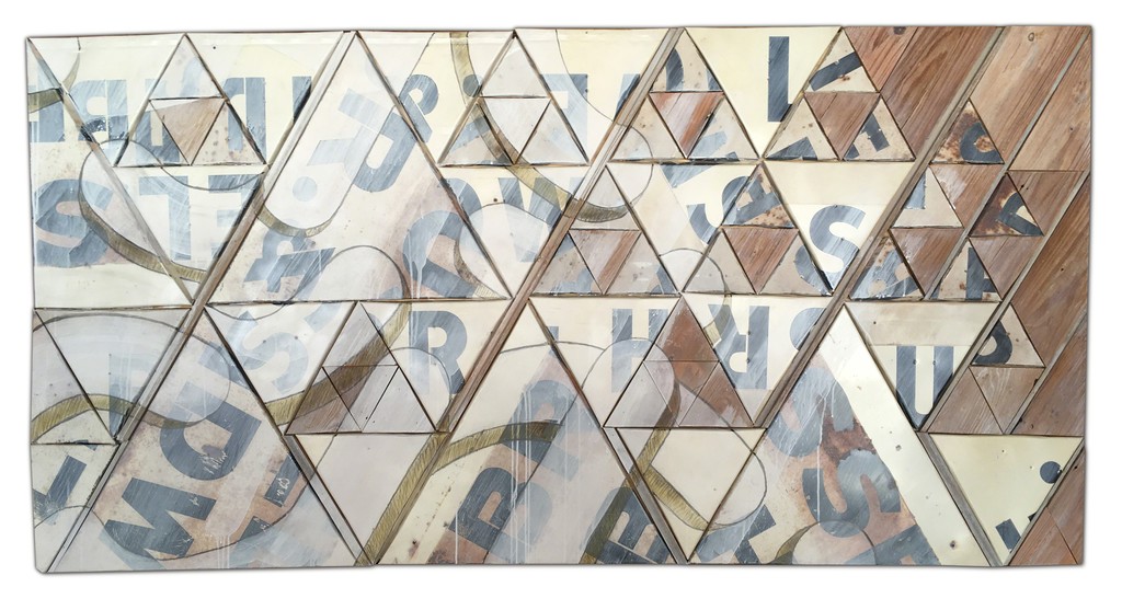 "Something's Happening Here" by Benjamin Lowder, 2017, mixed media over vintage metal signage and reclaimed wood, 41" x 81" "Something's Happening Here" by Benjamin Lowder, 2017, mixed media over vintage metal signage and reclaimed wood, 41" x 81"