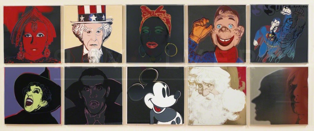 The 1981 "Myths" miniature suite of offset lithographs by Andy Warhol represents well known images rooted from ancient beliefs, folklore, allegorical tales, and are based on traditional stories and media creations. They represent fantasies, dreams, hopes and fears. Included in the series are: Dracula, Howdy Doody, Mammy, Mickey Mouse, Santa Claus, Superman, The Shadow, The Star, The Witch and Uncle Sam. Most of Warhol’s myths are derived from photographs he has taken especially for this series. The 1981 "Myths" miniature suite of offset lithographs by Andy Warhol represents well known images rooted from ancient beliefs, folklore, allegorical tales, and are based on traditional stories and media creations. They represent fantasies, dreams, hopes and fears. Included in the series are: Dracula, Howdy Doody, Mammy, Mickey Mouse, Santa Claus, Superman, The Shadow, The Star, The Witch and Uncle Sam. Most of Warhol’s myths are derived from photographs he has taken especially for this series.