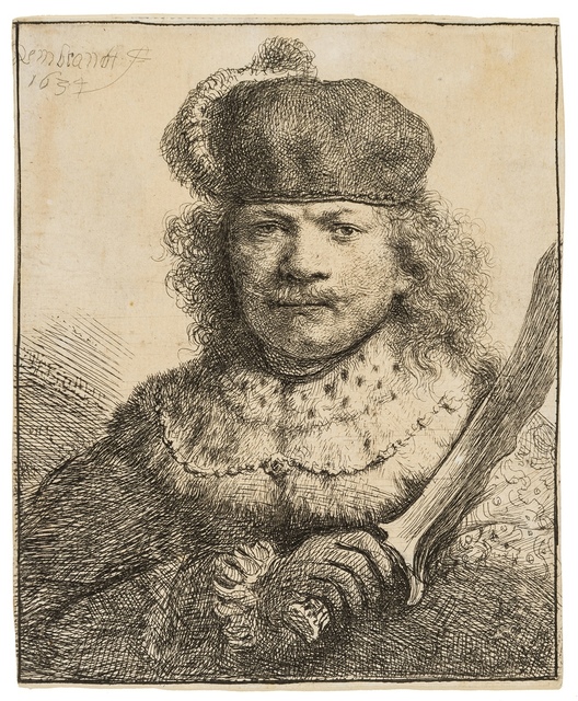 Rembrandt van Rijn, ‘Self-Portrait with a Raised Sabre’, 1634, Print, Etching and engraving, Forum Auctions