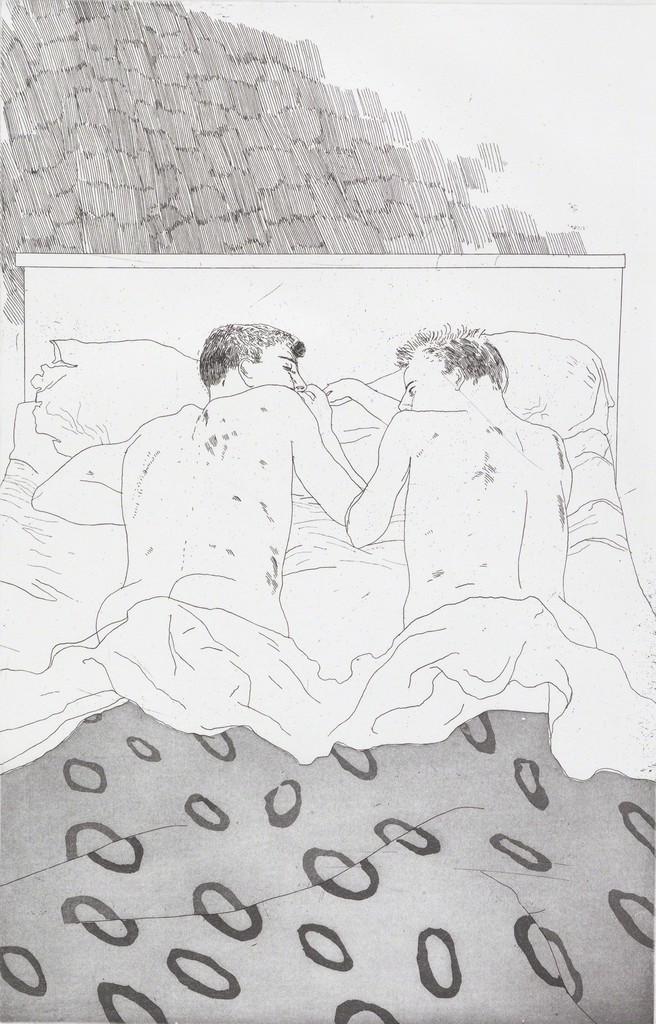 David HOCKNEY "Two boys aged 23 or 24" from Illustrations for "Fourteen poems from CP Cavafy", 1966, etching and aquatint on paper, Tate: Purchased 1992 ©David Hockney David HOCKNEY "Two boys aged 23 or 24" from Illustrations for "Fourteen poems from CP Cavafy", 1966, etching and aquatint on paper, Tate: Purchased 1992 ©David Hockney