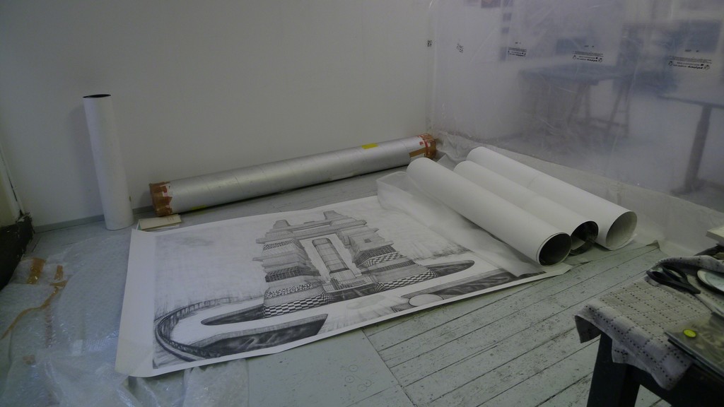 Robbie Cornelissen. Studio view with Tower of Babel drawing Robbie Cornelissen. Studio view with Tower of Babel drawing