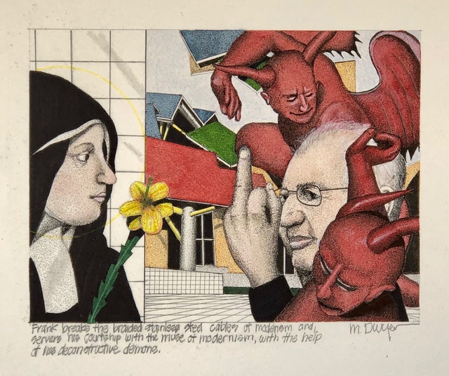 Michael Dwyer, ‘Frank breaks the braided stainless steel cables of modernism and severs his courtship with the muse of modernism, with the help of his deconstructive demons. ’, 2020, Drawing, Collage or other Work on Paper, Mixed Media on Paper, M.A. Doran Gallery