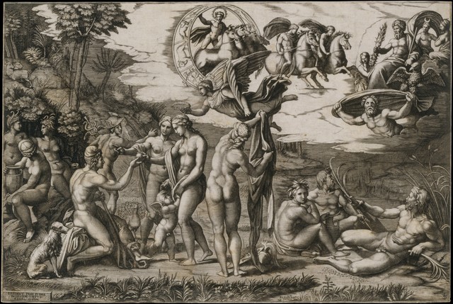 Marcantonio Raimondi, ‘The Judgment of Paris; he is sitting at left with Venus, Juno and Pallas Athena, a winged victory above; in the upper section the Sun in his chariot preceeded by Castor and Pollux on horseback; at lower right two river gods and a naiad above whom Jupiter, an eagle, Ganymede, Diana and another Goddess’, ca. 1510–1520, The Metropolitan Museum of Art