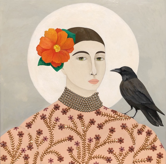 Leslie Barron, ‘"Admiration" Mixed media portrait of a woman with a crow and an orange flower’, 2019, Eisenhauer Gallery