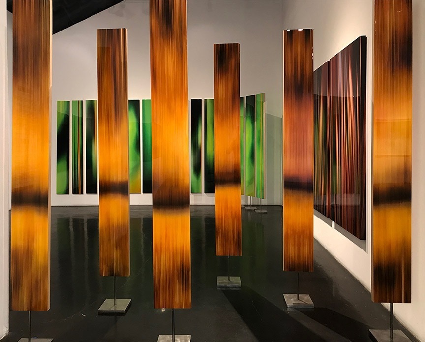Michel Tabori, Sequoia, 2017, Oil, acrylic, resin, canvas on two-sided maple panels mounted on steel bases, 84” x 10” each, $6,500 each Michel Tabori, Sequoia, 2017, Oil, acrylic, resin, canvas on two-sided maple panels mounted on steel bases, 84” x 10” each, $6,500 each