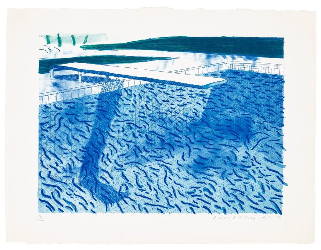 David Hockney - Lithograph of Water Made of Thick and Thin Lines and Two Light Blue Washes