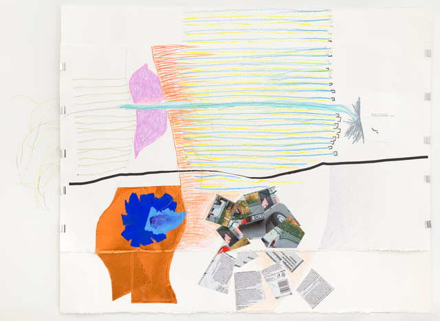Jessica Stockholder, ‘Error: Limitcheck’, 2018, Drawing, Collage or other Work on Paper, Two pieces of paper clipped together, ink, acrylic paint, pencil crayon, graphite, copperfoil, paperr collage, wire, Galerie nächst St. Stephan Rosemarie Schwarzwälder