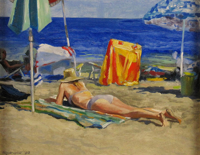 Onelio Marrero, ‘Reading on the Beach’, ca. 2010, Painting, Oil on Canvas, Janus Galleries