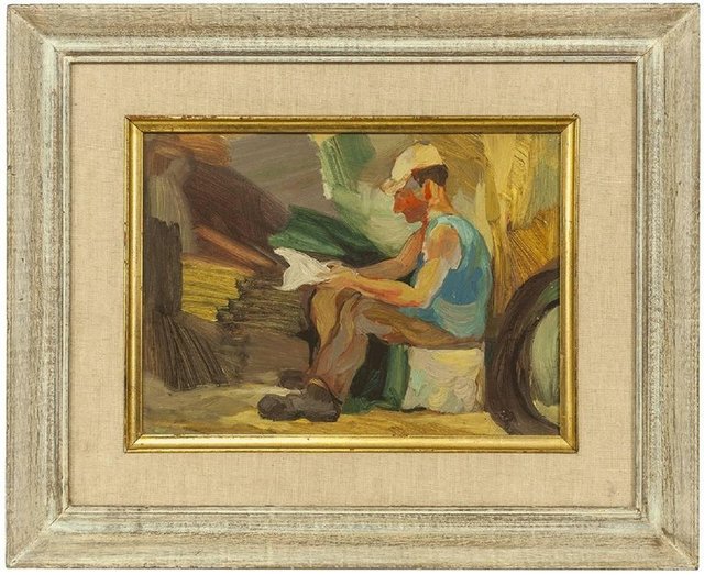 Unknown, ‘Vintage 1950s Israeli Oil Painting, Signed in Hebrew Kibbutz Worker Reading’, Mid-20th Century, Lions Gallery
