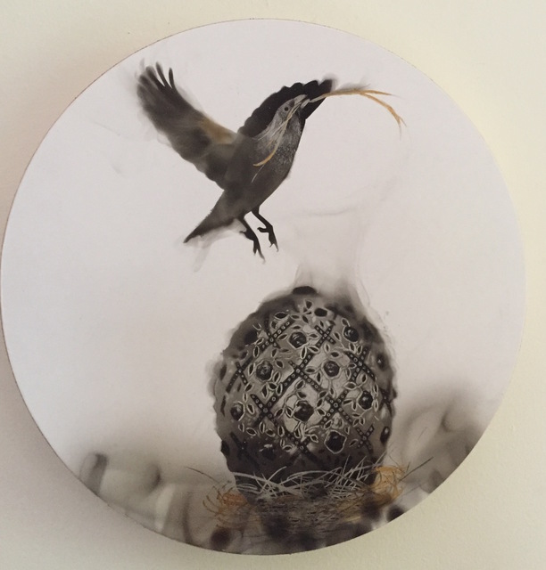 Steven Spazuk, ‘Making a Nest’, 2017, Painting, Soot from fire and gold acrylic on wood panel, Adelson Galleries