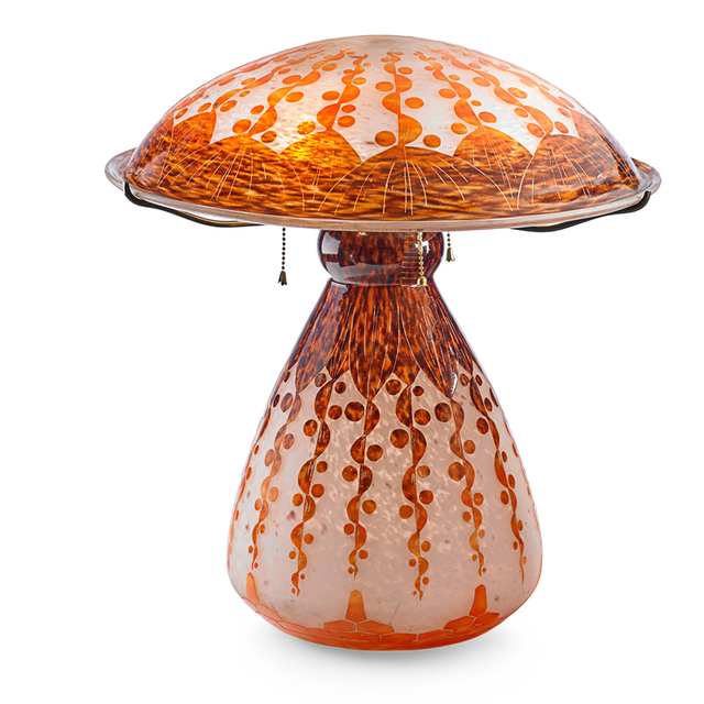 La Verre Francais, ‘Large Rubaniers Lamp, France’, Early 20th C., Design/Decorative Art, Acid-Etched Cameo Glass, Patinated Metal, Three Sockets, Rago/Wright