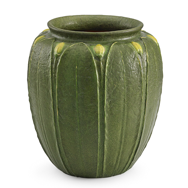 Grueby Faïence Company, ‘Grueby, Large Vase With Leaves And Yellow Buds, Boston, MA’, ca. 1900, Rago/Wright