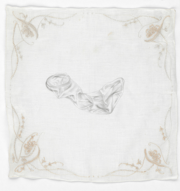 Constance Edwards Scopelitis, ‘God Is In Clean Laundry: Condom’, 2019, Drawing, Collage or other Work on Paper, Carbon on vintage handkerchief, Garvey | Simon