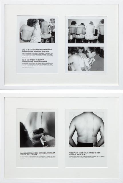 Santiago Sierra, ‘Two works: i) 160 cm Line Tattooed on 4 People El Gallo Arte Contemporaneo. Salamanca, Spain. December 2000 (Línea de 160 cm tatuada sobre 4 personas El Gallo Arte Contemporáneo. Salamanca, España. Diciembre de 2000) ii) Line of 30 cm Tattooed on a Remunerated Person # 51 Regina Street. Mexico City, Mexico. May 1998 (Línea de 30 cm Tatuada Sobre un Persona Remunerada Calle Regina, # 51. México D.F., México. Mayo de 1998)’, i) 2000; ii) 1998, Phillips