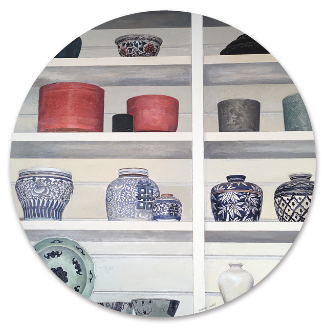 Cressida Campbell, ‘Celadon with ceramics and lacquerware’, 2018, Painting, Watercolour on incised plywood, Sophie Gannon Gallery