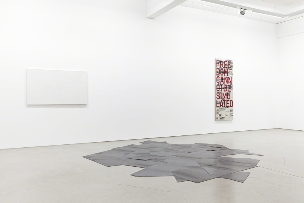 from left to right: Nicolás Guagnini "Work #14“ (2012), Daniel Steegmann Mangrané "SG Floor #17a" (2016) & Rirkrit Tiravanija "Untitled 2016 (freedom cannot be simulated, thai news, august 20, 2015)" (2016), installation view of the exhibition NEW ACQUISITIONS – Hildebrand Collection, 1 February – 7 May 2017, G2 Kunsthalle Leipzig photo: Dotgain.info © the artists & G2 Kunsthalle Leipzig from left to right: Nicolás Guagnini "Work #14“ (2012), Daniel Steegmann Mangrané "SG Floor #17a" (2016) & Rirkrit Tiravanija "Untitled 2016 (freedom cannot be simulated, thai news, august 20, 2015)" (2016), installation view of the exhibition NEW ACQUISITIONS – Hildebrand Collection, 1 February – 7 May 2017, G2 Kunsthalle Leipzig photo: Dotgain.info © the artists & G2 Kunsthalle Leipzig