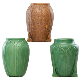 Three vases with leaves and buds, brown and green glazes