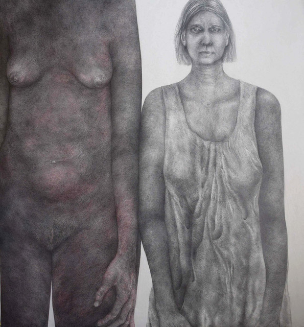 Diana Quinby, ‘Autoportrait double avec rouge’, 2019, Drawing, Collage or other Work on Paper, Crayon graphite et crayon de couleur sur papier, Galerie Arnaud Lefebvre