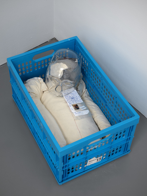 Win McCarthy, ‘compartment (pause)’, 2018, Plastic crate, glass, muslin dummy, shoe lace, paper, photo, wire, Galerie Fons Welters
