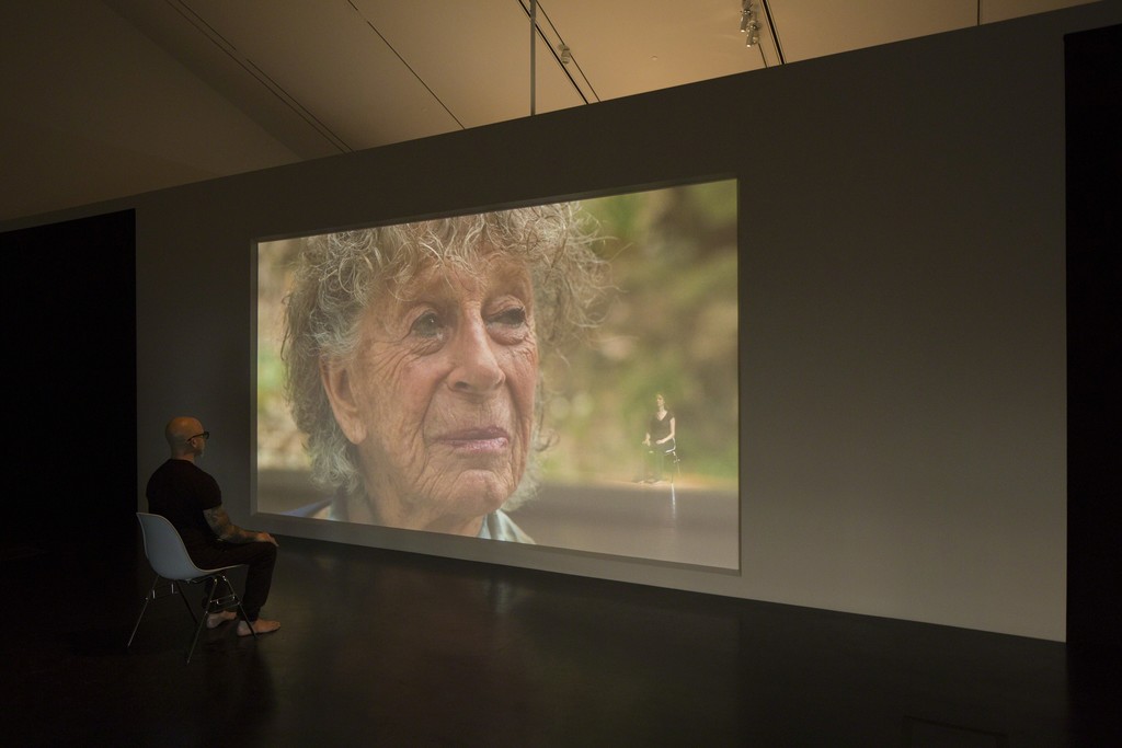 "Rope Dance," 2015, concept, title and score by Anna Halprin (shown on screen); interpretations and variations by Stephen Petronio, seated left, and Janine Antoni, at right, commissioned by The Fabric Workshop and Museum, Philadelphia. "Rope Dance" performance part of "Entangle," Tang Teaching Museum, 2017 "Rope Dance," 2015, concept, title and score by Anna Halprin (shown on screen); interpretations and variations by Stephen Petronio, seated left, and Janine Antoni, at right, commissioned by The Fabric Workshop and Museum, Philadelphia. "Rope Dance" performance part of "Entangle," Tang Teaching Museum, 2017