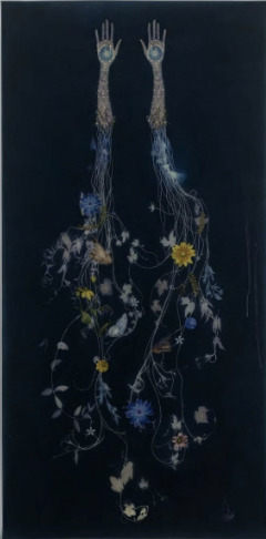 Valerie Hammond, ‘Sisters II’, 2019, Drawing, Collage or other Work on Paper, Pigment, encaustic, color pencil, graphite, glass beads and thread on Japanese paper, Leila Heller Gallery