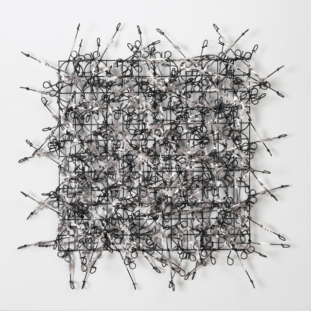 John Garrett, ‘Circle Grid No. 5’, 2015, Sculpture, Metal grid, painted rebar ties, fabric, stainless steel wire wraps, Duane Reed Gallery