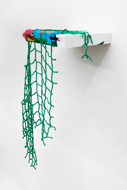 Jessica Stockholder, ‘3D Lens’, 2019, Installation, Shelf, acrylic and oil paint, paper maché, green net, copper foil, hardware, Galerie nächst St. Stephan Rosemarie Schwarzwälder